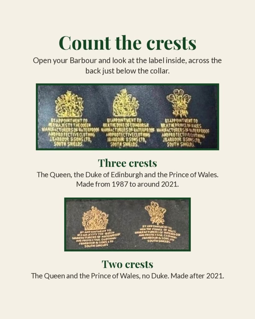 Barbour labels showing three and two royal warrant crests