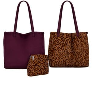 Reversible Tote Bag with Leopard Print Lining & Makeup Bag