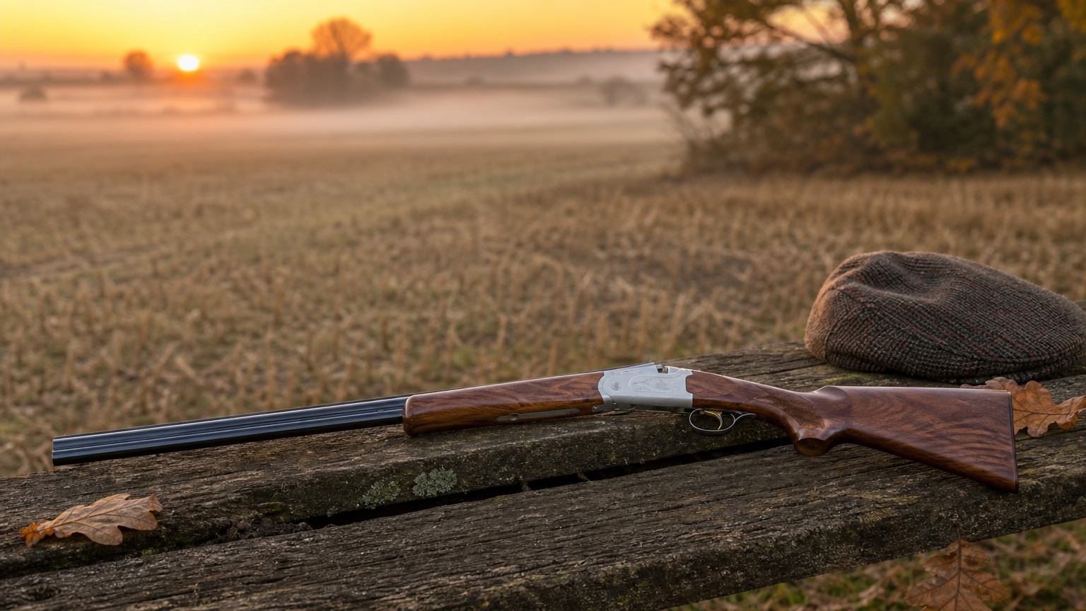 Over-and-under shotgun and tweed cap on a wooden rail at sunrise over an autumn field