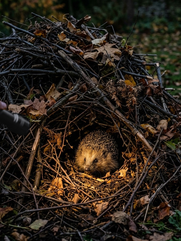 Hedgehog in an unlit bonfire pile