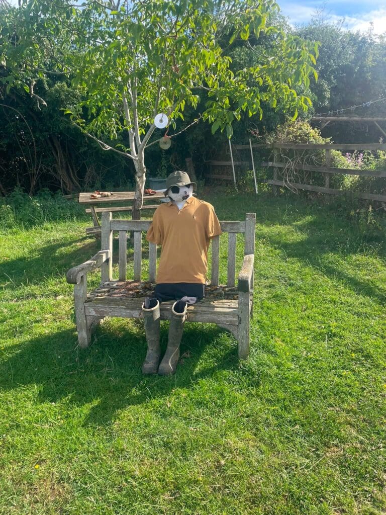 A scarecrow in a bucket hat and mustard polo shirt sitting on a weathered garden bench, wearing an old pair of green wellington boots